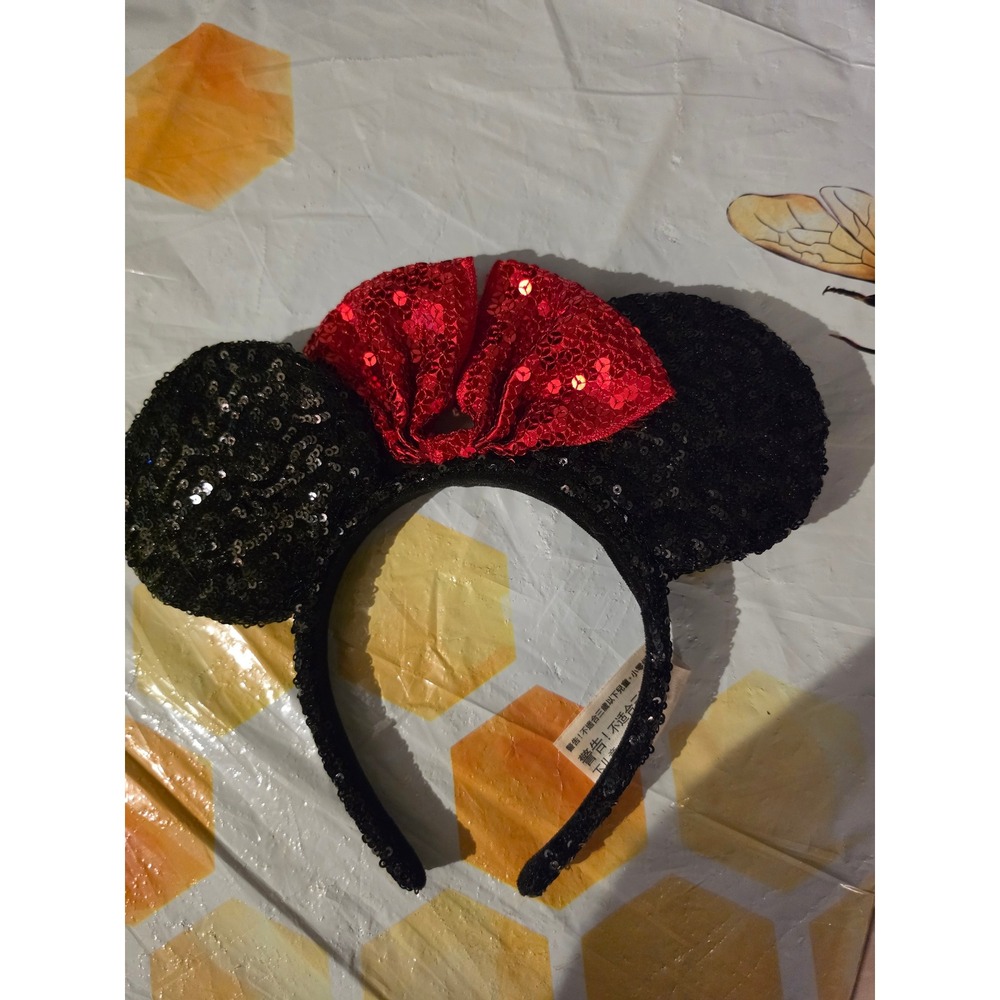 Disney Parks Minnie Mouse Sequin Ear Headband Black with Red Bow Accessory